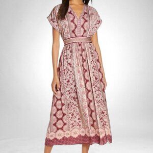 Gal Meets Glam Liza Print Charmeuse Midi Dress Wine & Taupe 6 8
